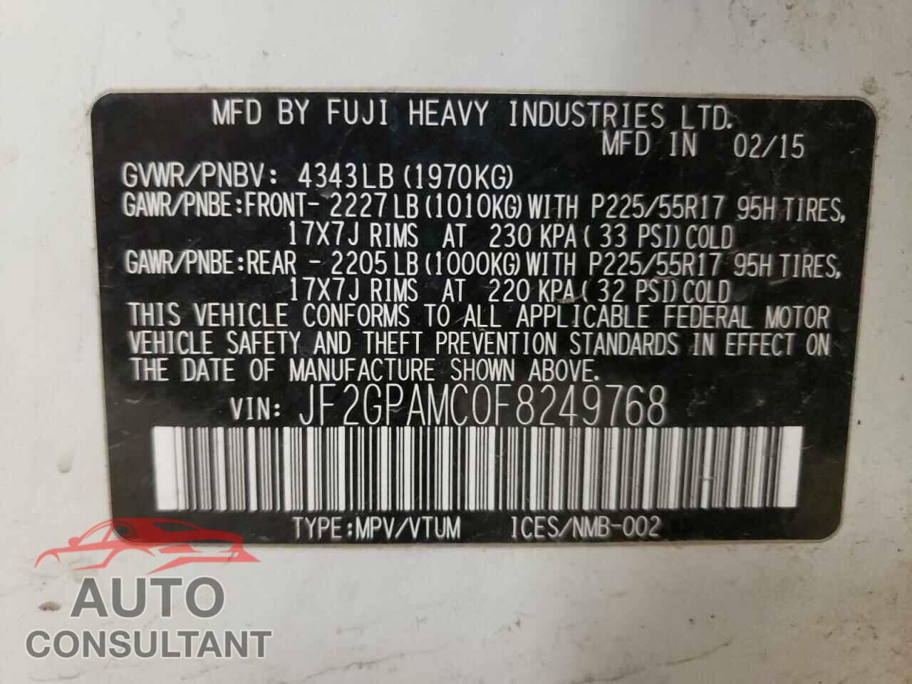 SUBARU XV 2015 - JF2GPAMC0F8249768