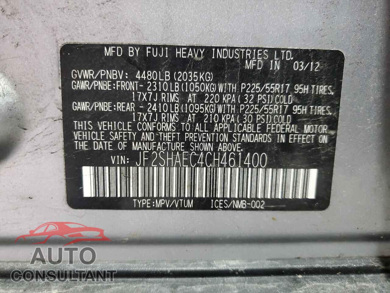 SUBARU FORESTER 2012 - JF2SHAEC4CH461400