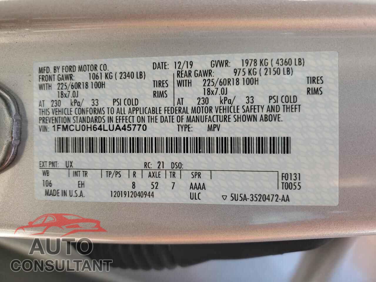 FORD ESCAPE 2020 - 1FMCU0H64LUA45770