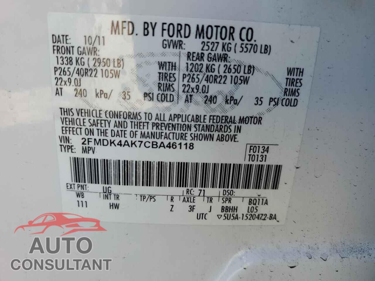 FORD EDGE 2012 - 2FMDK4AK7CBA46118