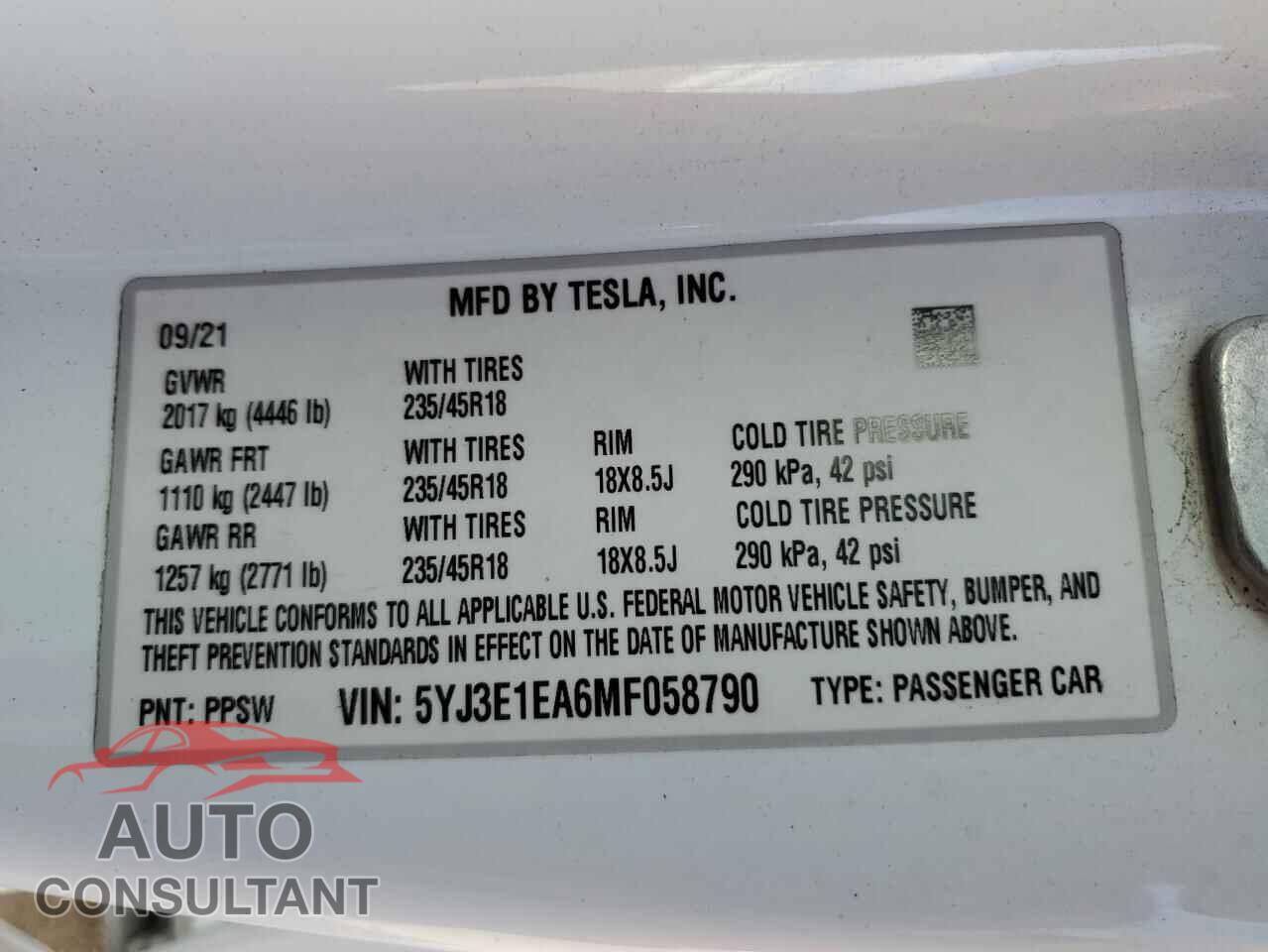 TESLA MODEL 3 2021 - 5YJ3E1EA6MF058790