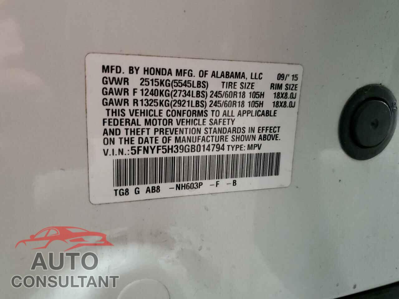 HONDA PILOT 2016 - 5FNYF5H39GB014794