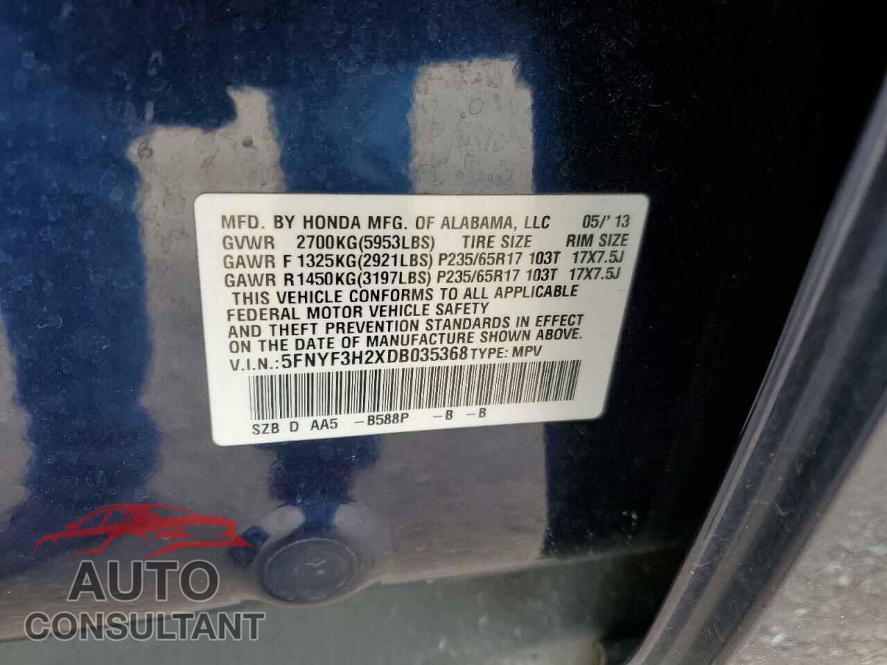 HONDA PILOT 2013 - 5FNYF3H2XDB035368