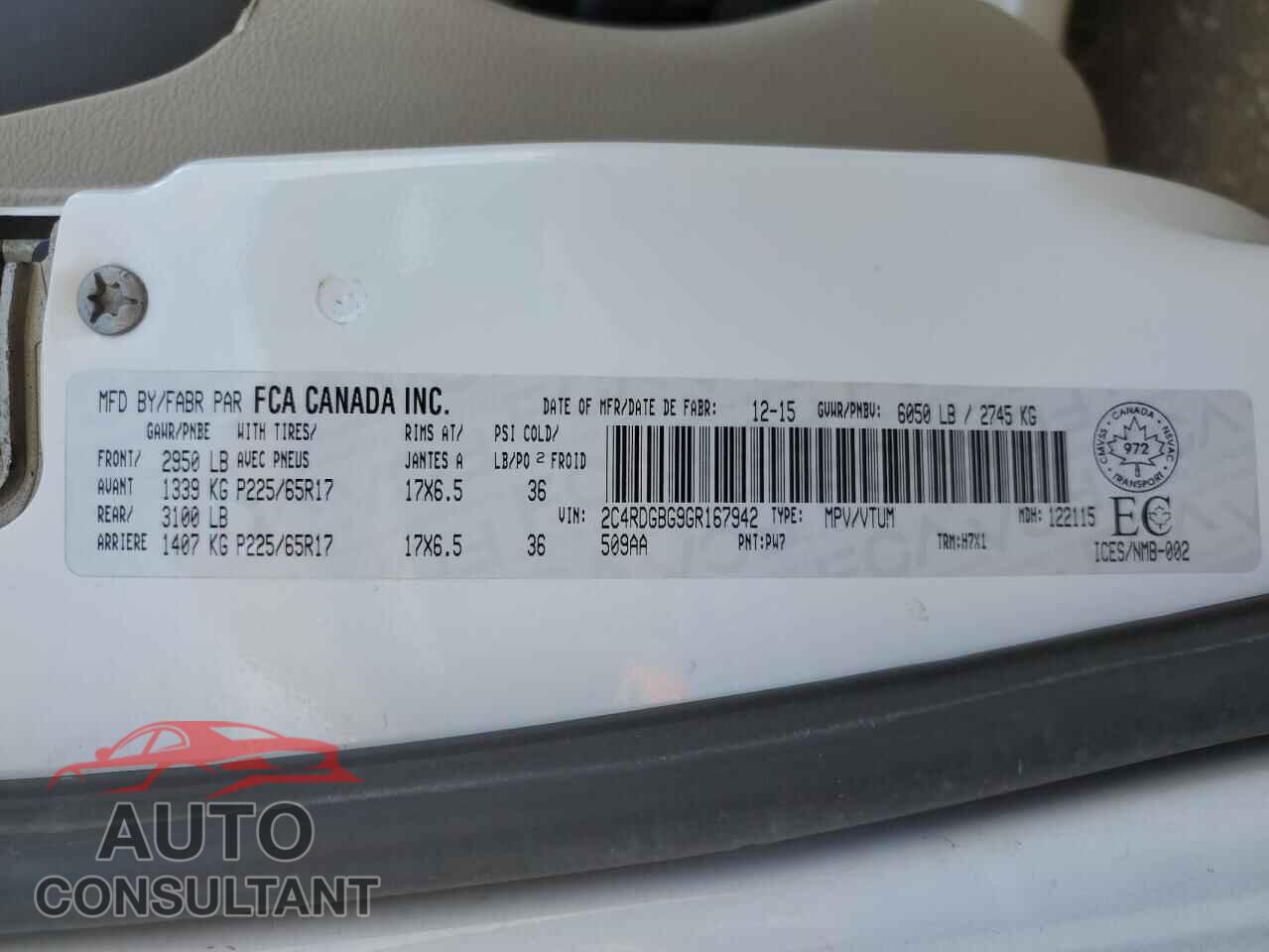 DODGE CARAVAN 2016 - 2C4RDGBG9GR167942