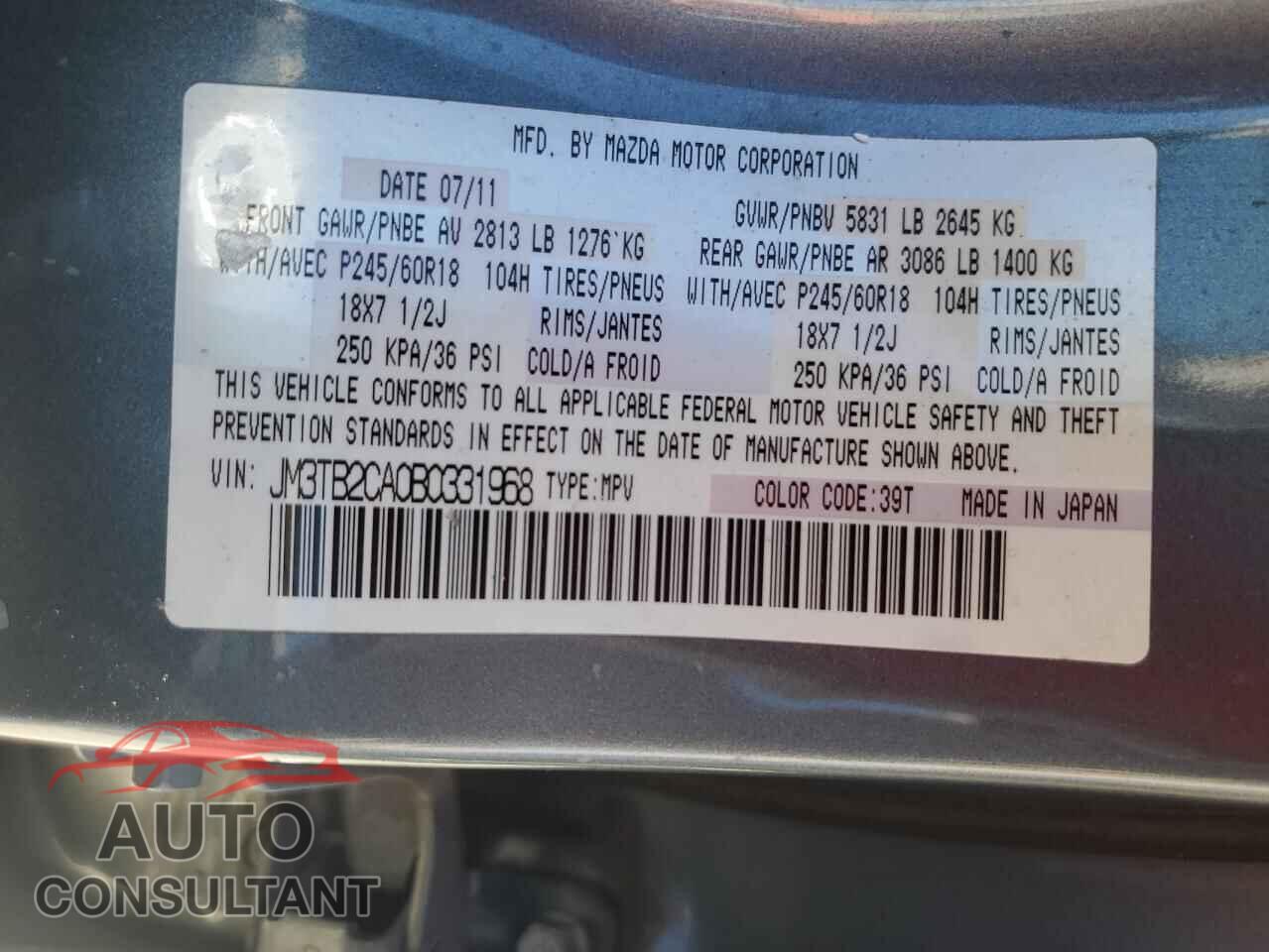 MAZDA CX-9 2011 - JM3TB2CA0B0331968