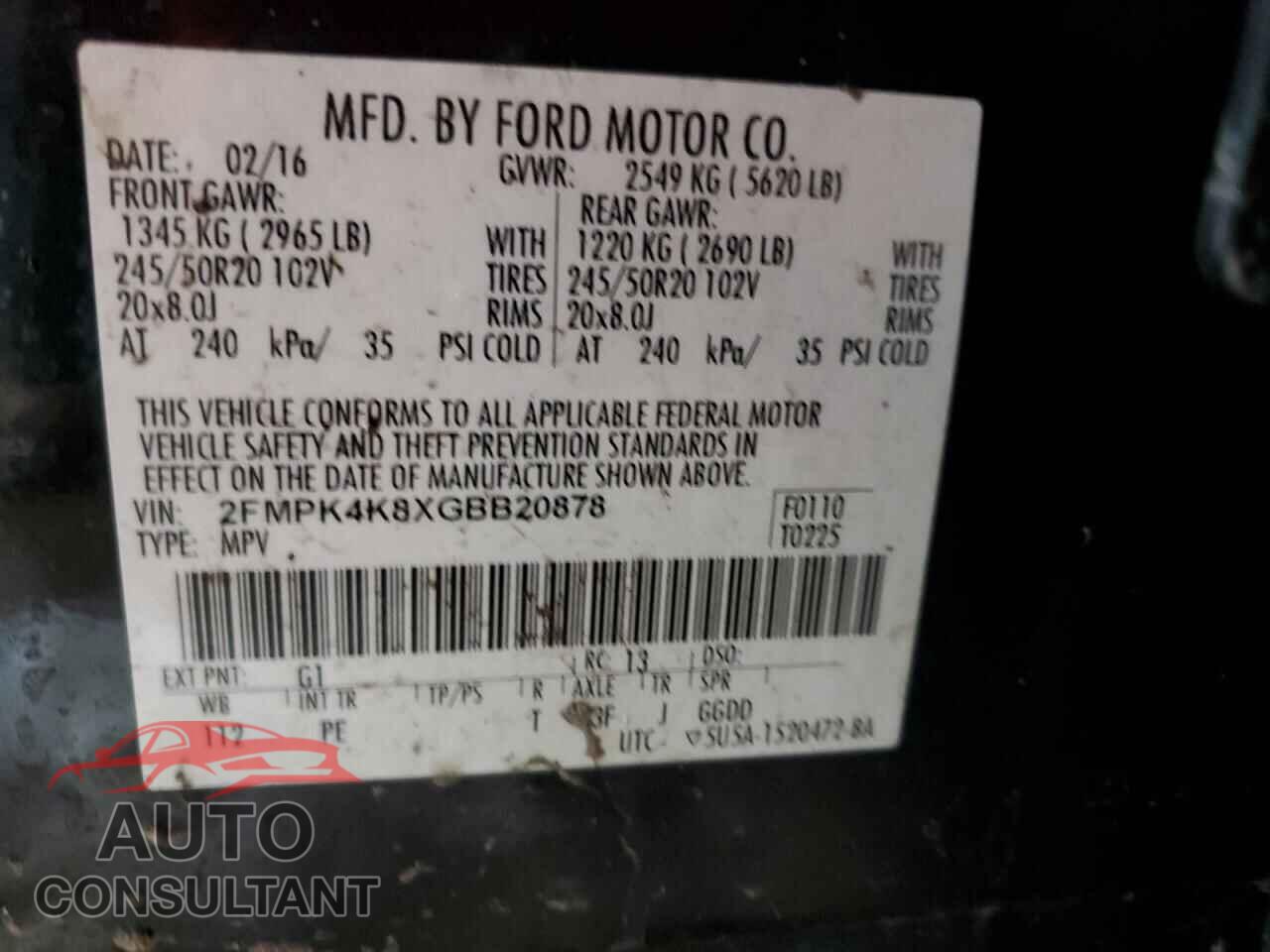 FORD EDGE 2016 - 2FMPK4K8XGBB20878