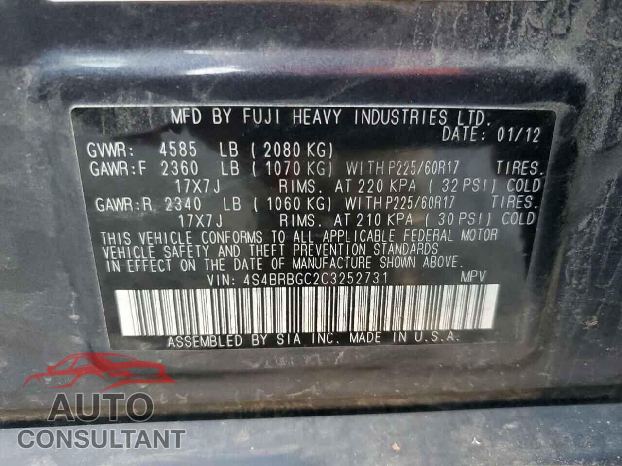 SUBARU OUTBACK 2012 - 4S4BRBGC2C3252731