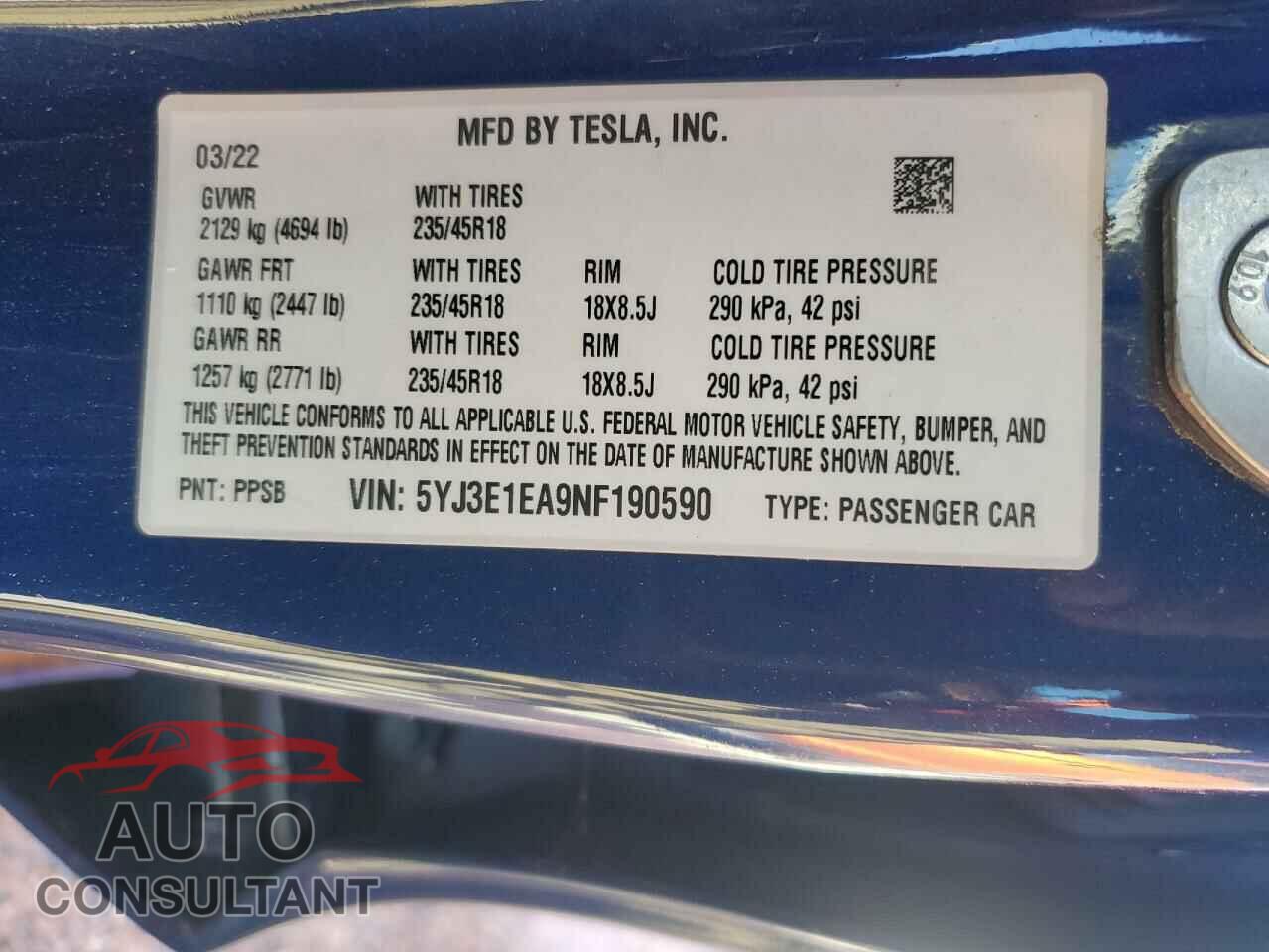 TESLA MODEL 3 2022 - 5YJ3E1EA9NF190590