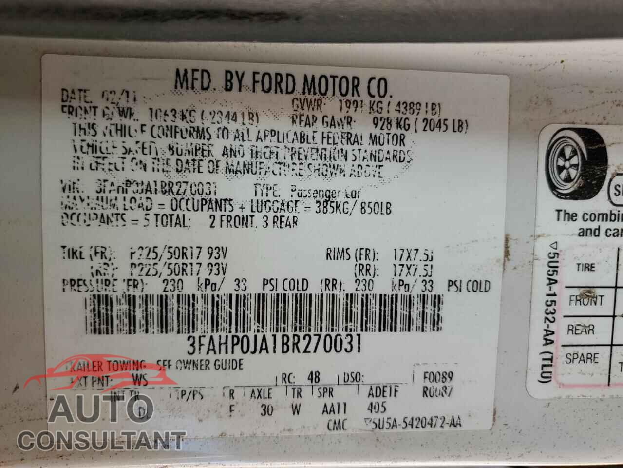 FORD FUSION 2011 - 3FAHP0JA1BR270031