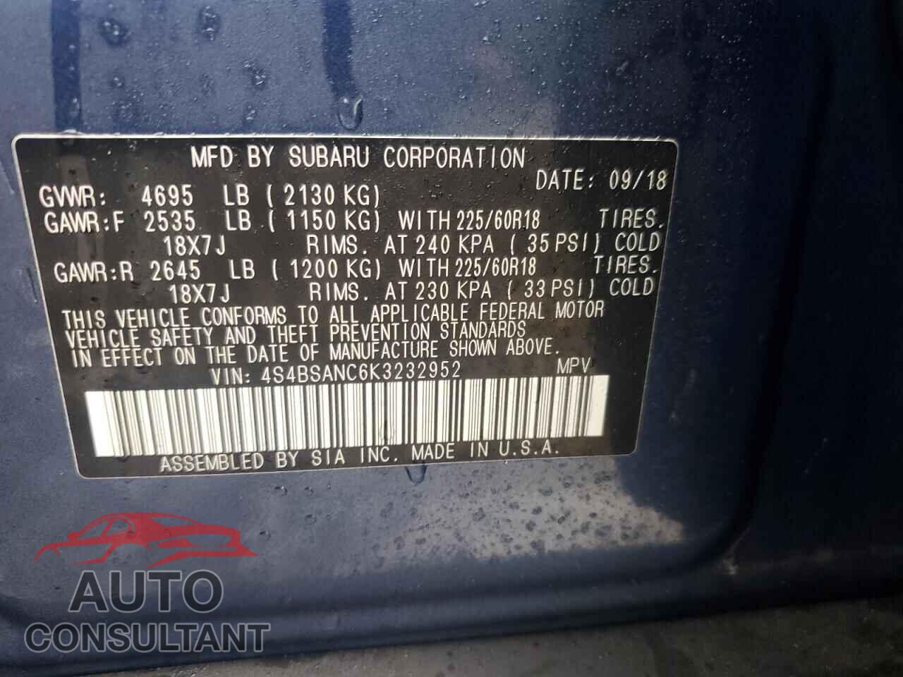 SUBARU OUTBACK 2019 - 4S4BSANC6K3232952