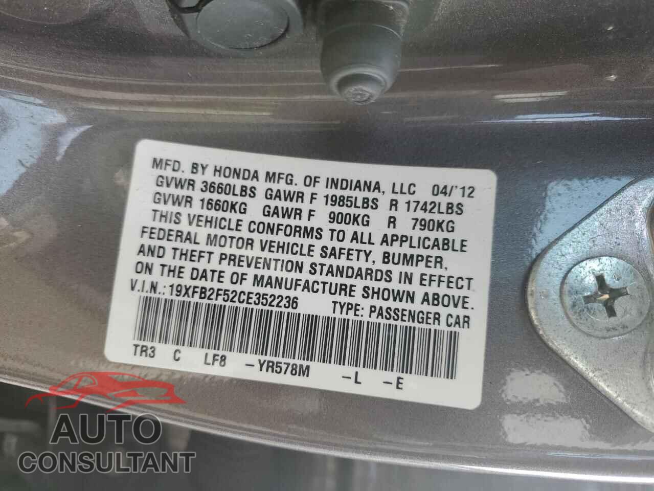 HONDA CIVIC 2012 - 19XFB2F52CE352236