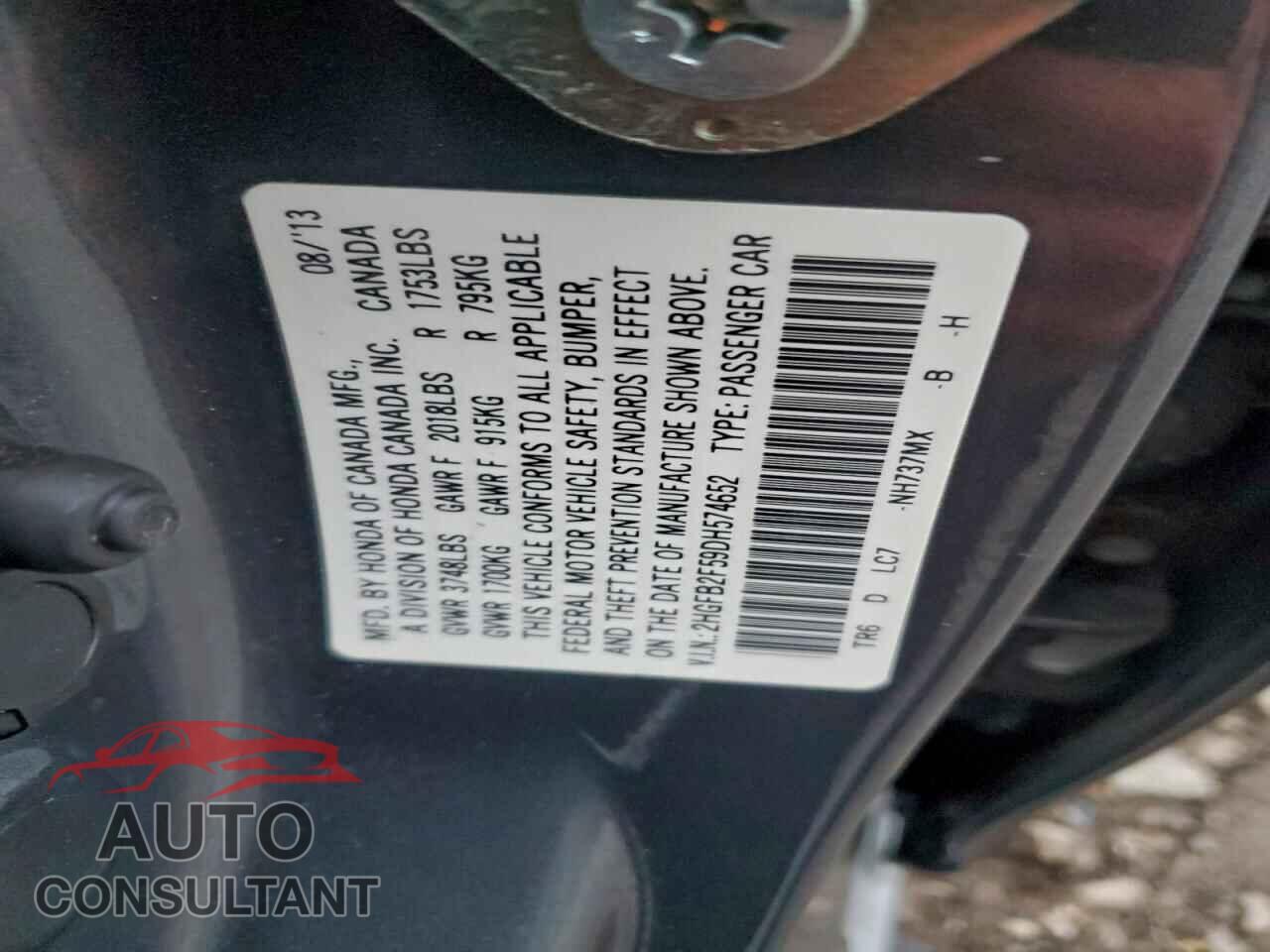 HONDA CIVIC 2013 - 2HGFB2F59DH574652