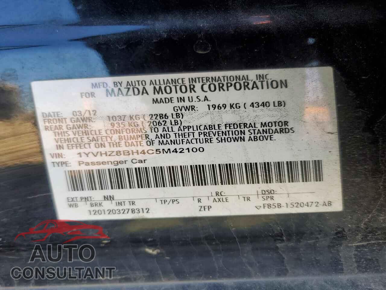 MAZDA 6 2012 - 1YVHZ8BH4C5M42100