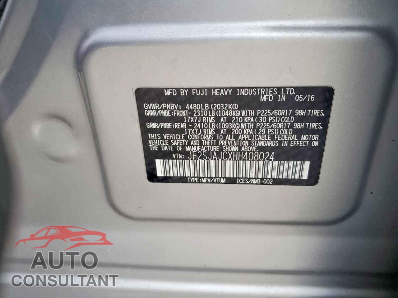 SUBARU FORESTER 2017 - JF2SJAJCXHH408024