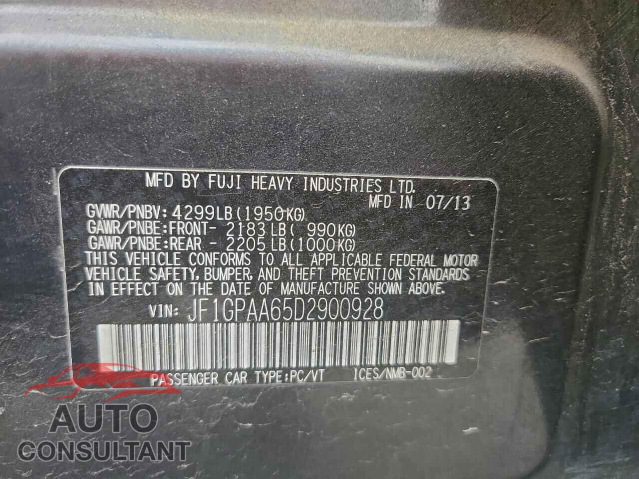 SUBARU IMPREZA 2013 - JF1GPAA65D2900928