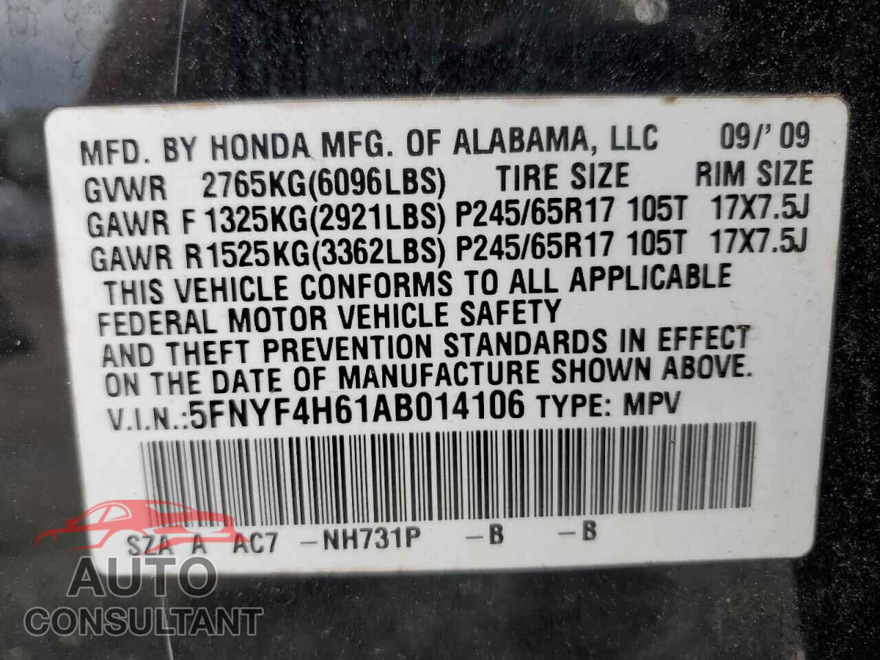 HONDA PILOT 2010 - 5FNYF4H61AB014106