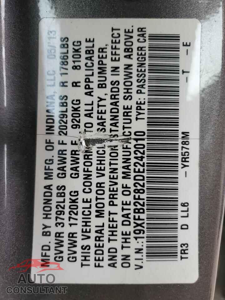 HONDA CIVIC 2013 - 19XFB2F82DE242010