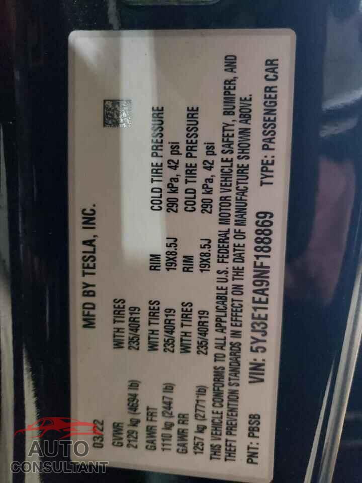 TESLA MODEL 3 2022 - 5YJ3E1EA9NF188869