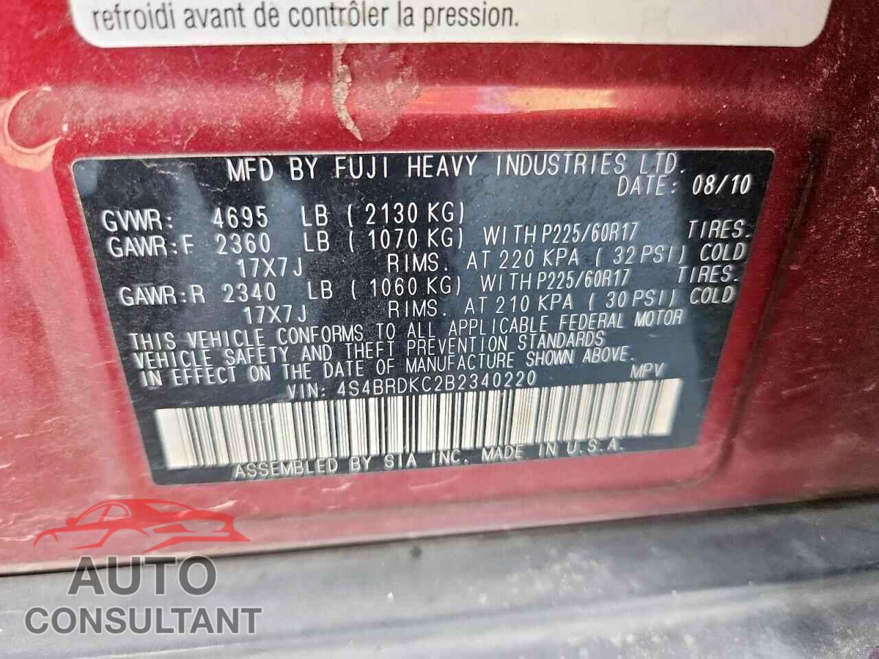 SUBARU OUTBACK 2011 - 4S4BRDKC2B2340220