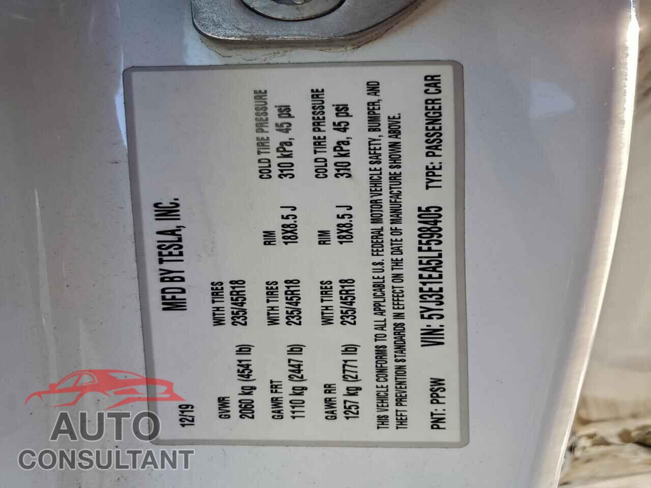 TESLA MODEL 3 2020 - 5YJ3E1EA5LF598405