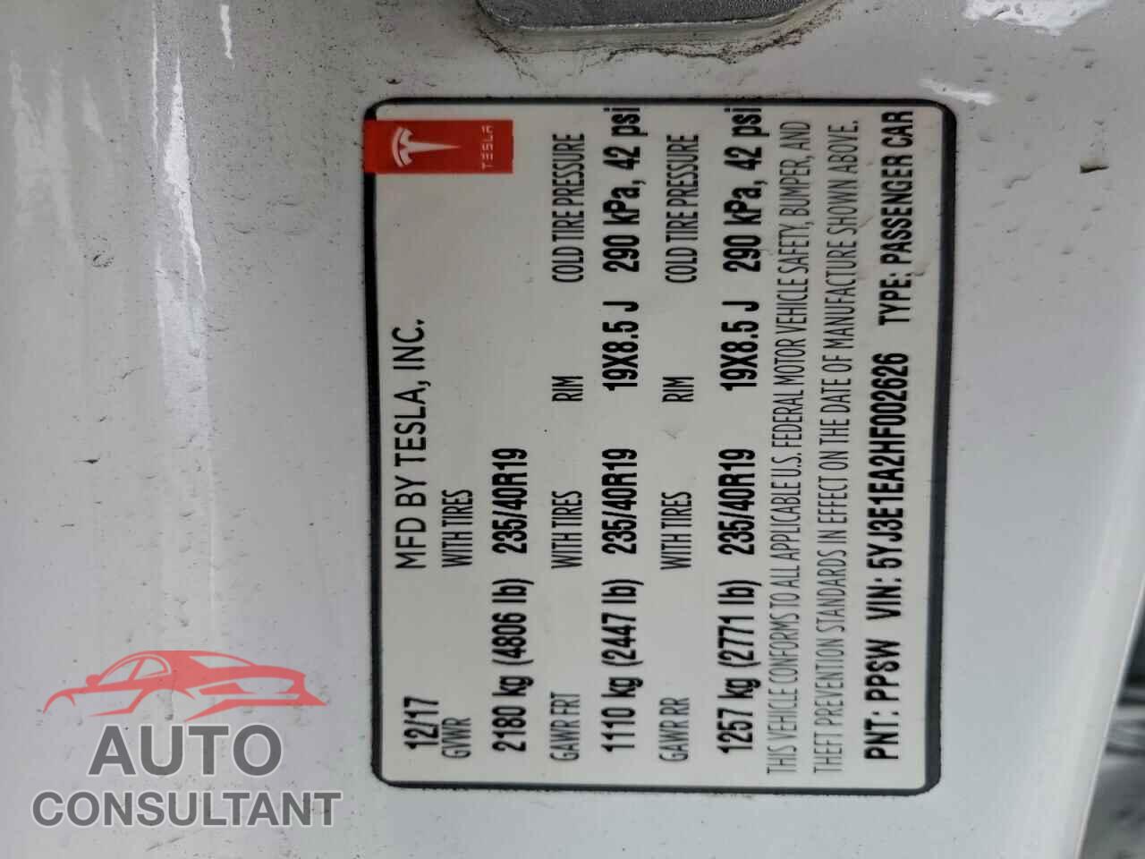 TESLA MODEL 3 2017 - 5YJ3E1EA2HF002626