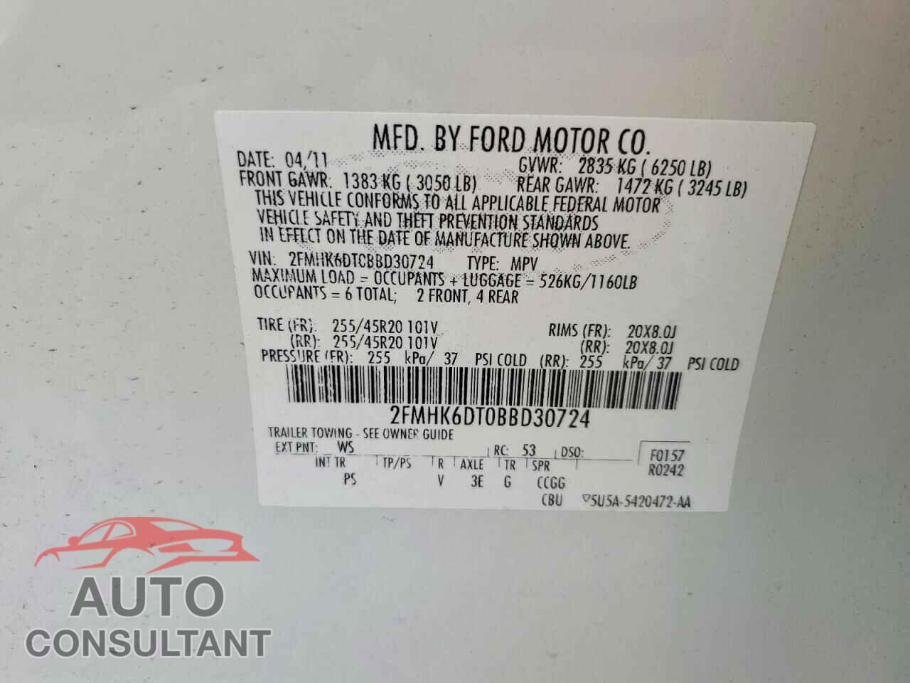 FORD FLEX 2011 - 2FMHK6DT0BBD30724