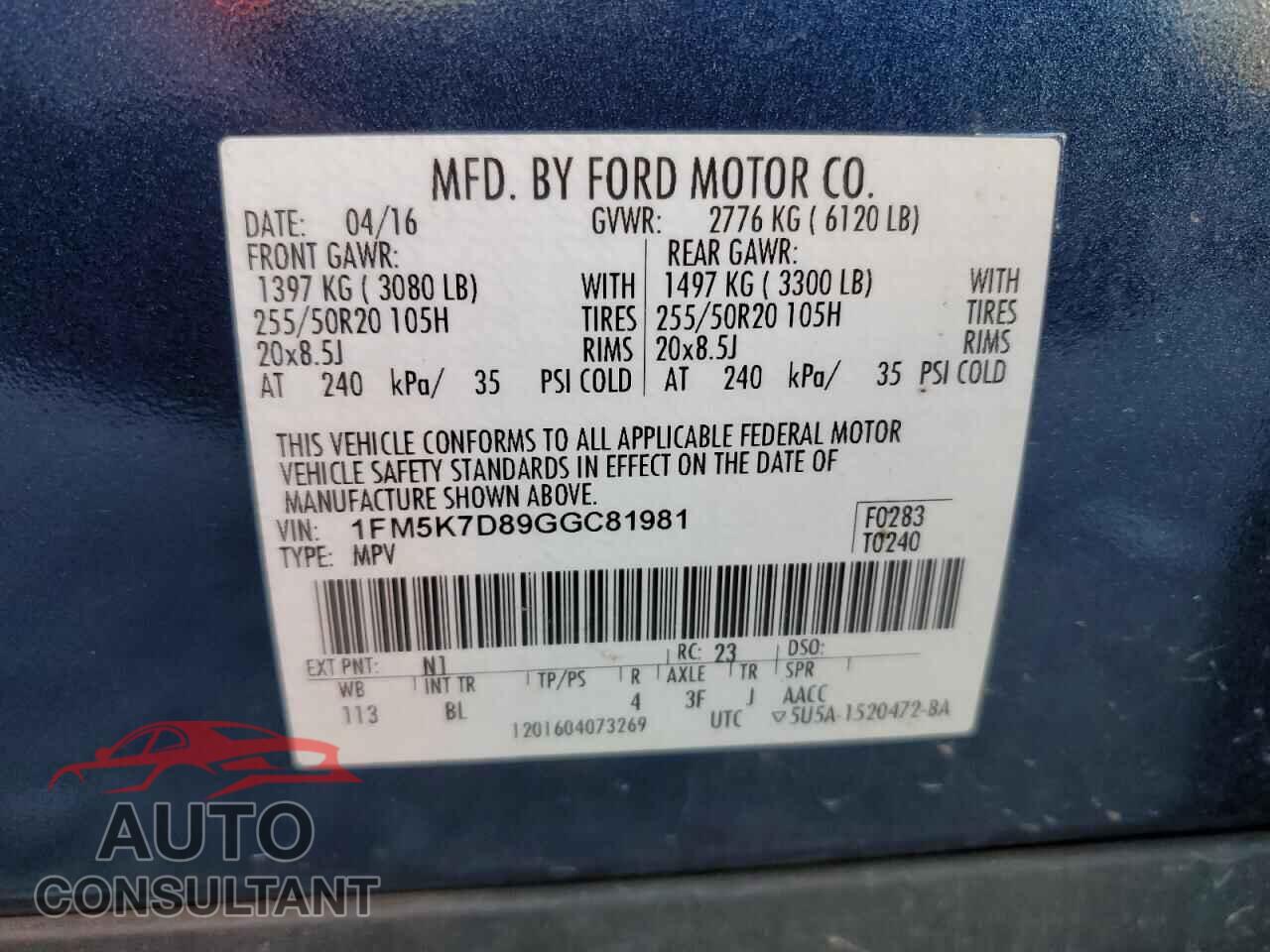 FORD EXPLORER 2016 - 1FM5K7D89GGC81981