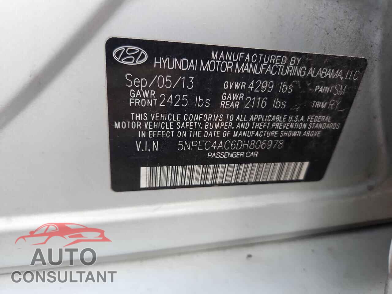 HYUNDAI SONATA 2013 - 5NPEC4AC6DH806978