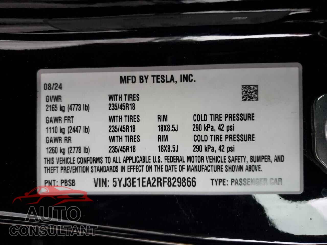 TESLA MODEL 3 2024 - 5YJ3E1EA2RF829866