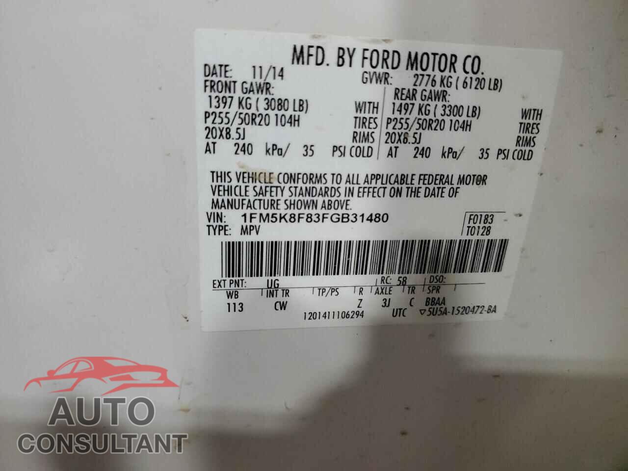 FORD EXPLORER 2015 - 1FM5K8F83FGB31480