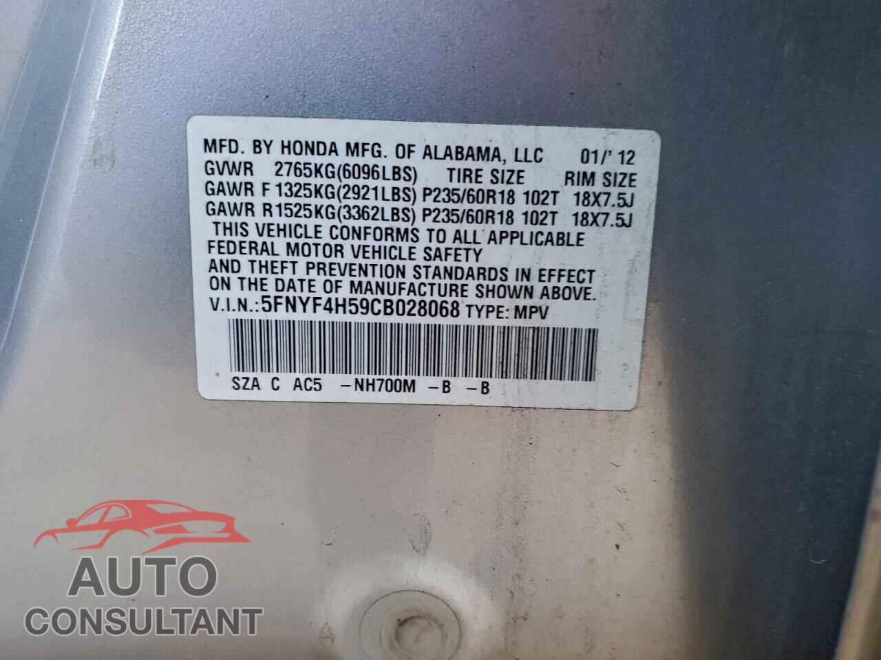 HONDA PILOT 2012 - 5FNYF4H59CB028068