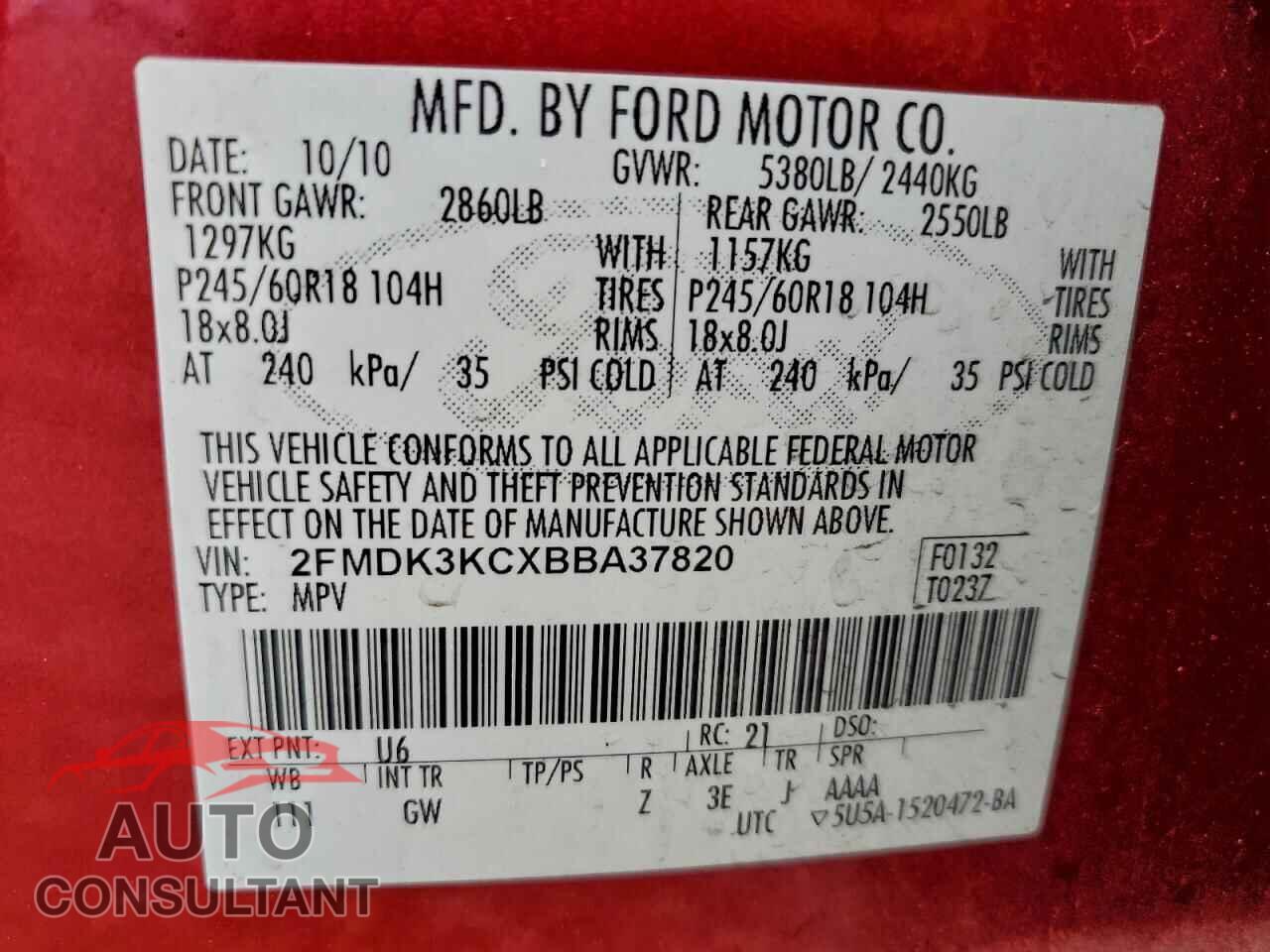 FORD EDGE 2011 - 2FMDK3KCXBBA37820