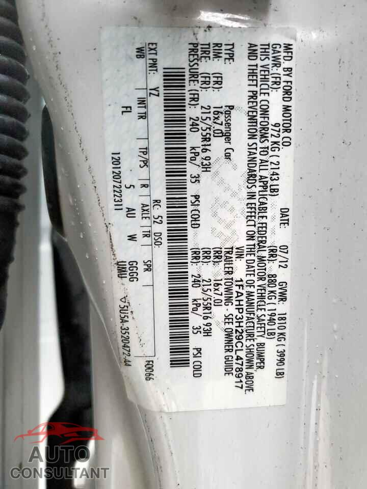 FORD FOCUS 2012 - 1FAHP3H29CL478917