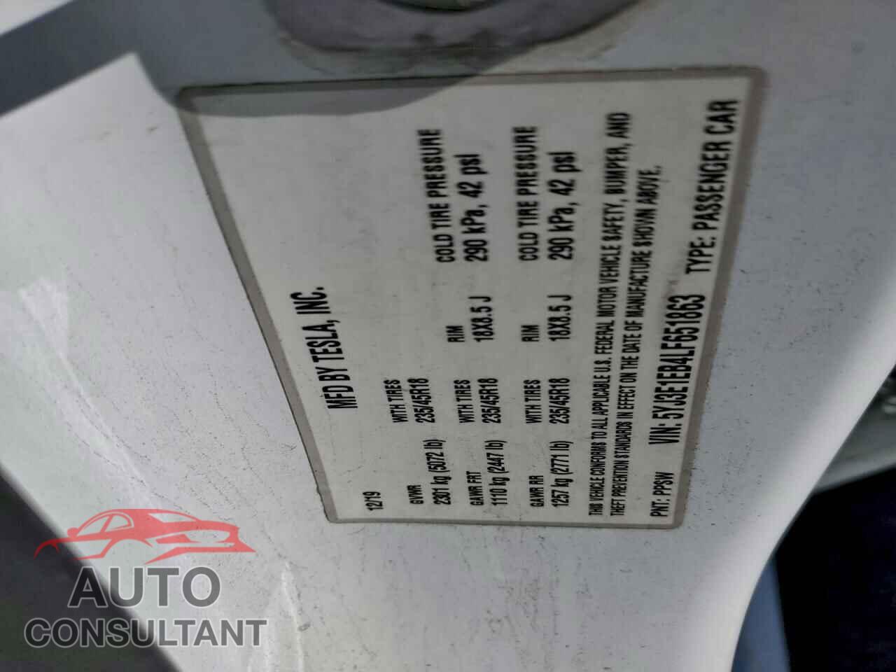 TESLA MODEL 3 2020 - 5YJ3E1EB4LF651863