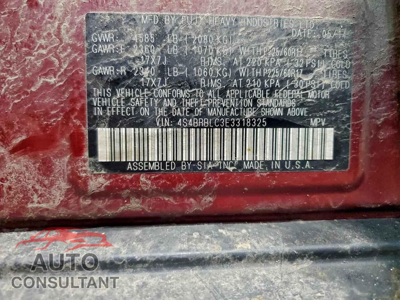 SUBARU OUTBACK 2014 - 4S4BRBLC3E3318325