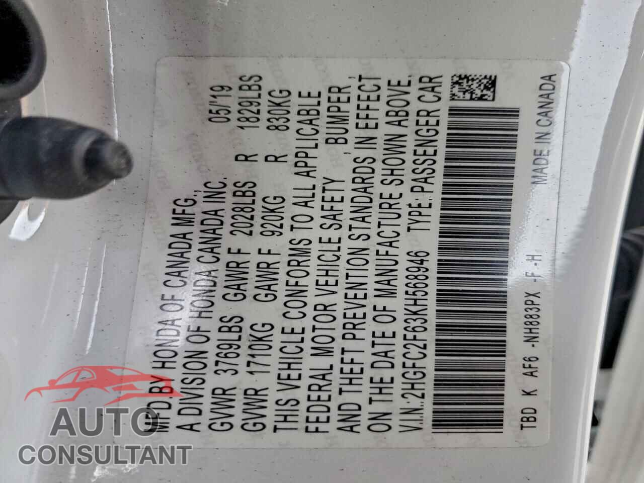 HONDA CIVIC 2019 - 2HGFC2F63KH568946