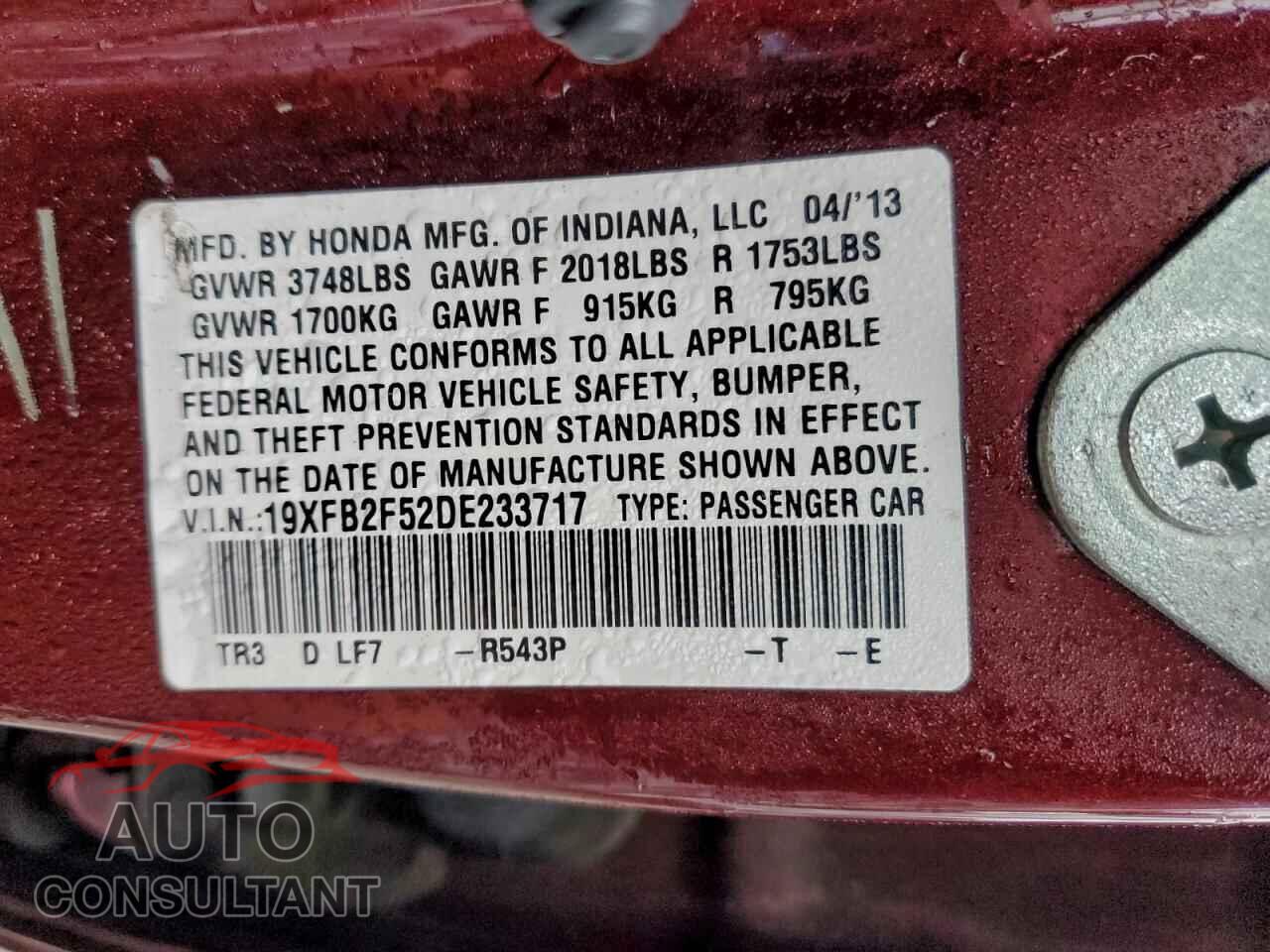 HONDA CIVIC 2013 - 19XFB2F52DE233717