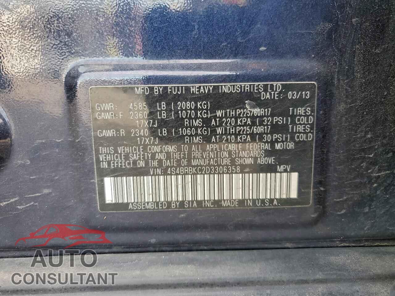 SUBARU OUTBACK 2013 - 4S4BRBKC2D3306358