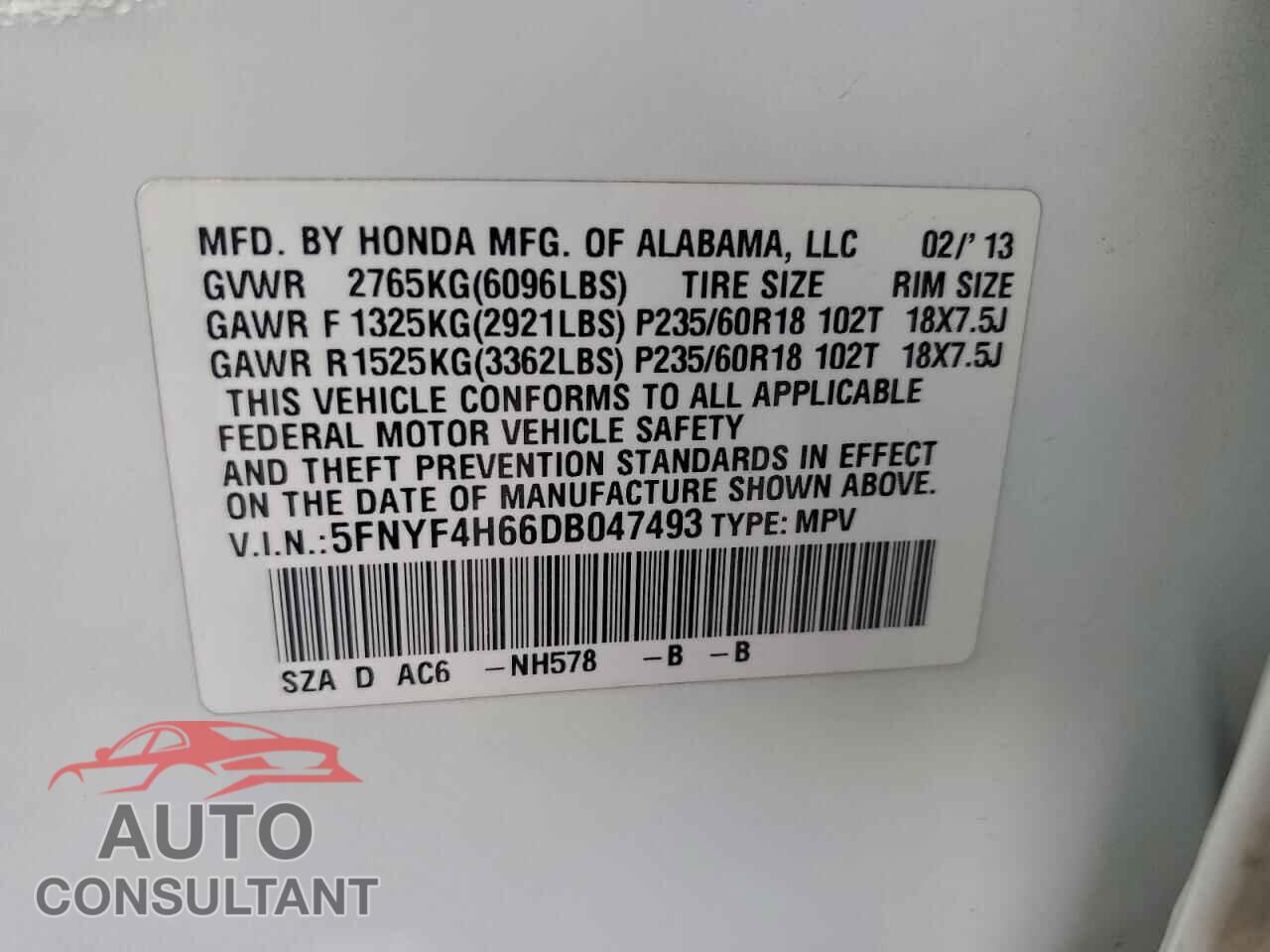 HONDA PILOT 2013 - 5FNYF4H66DB047493