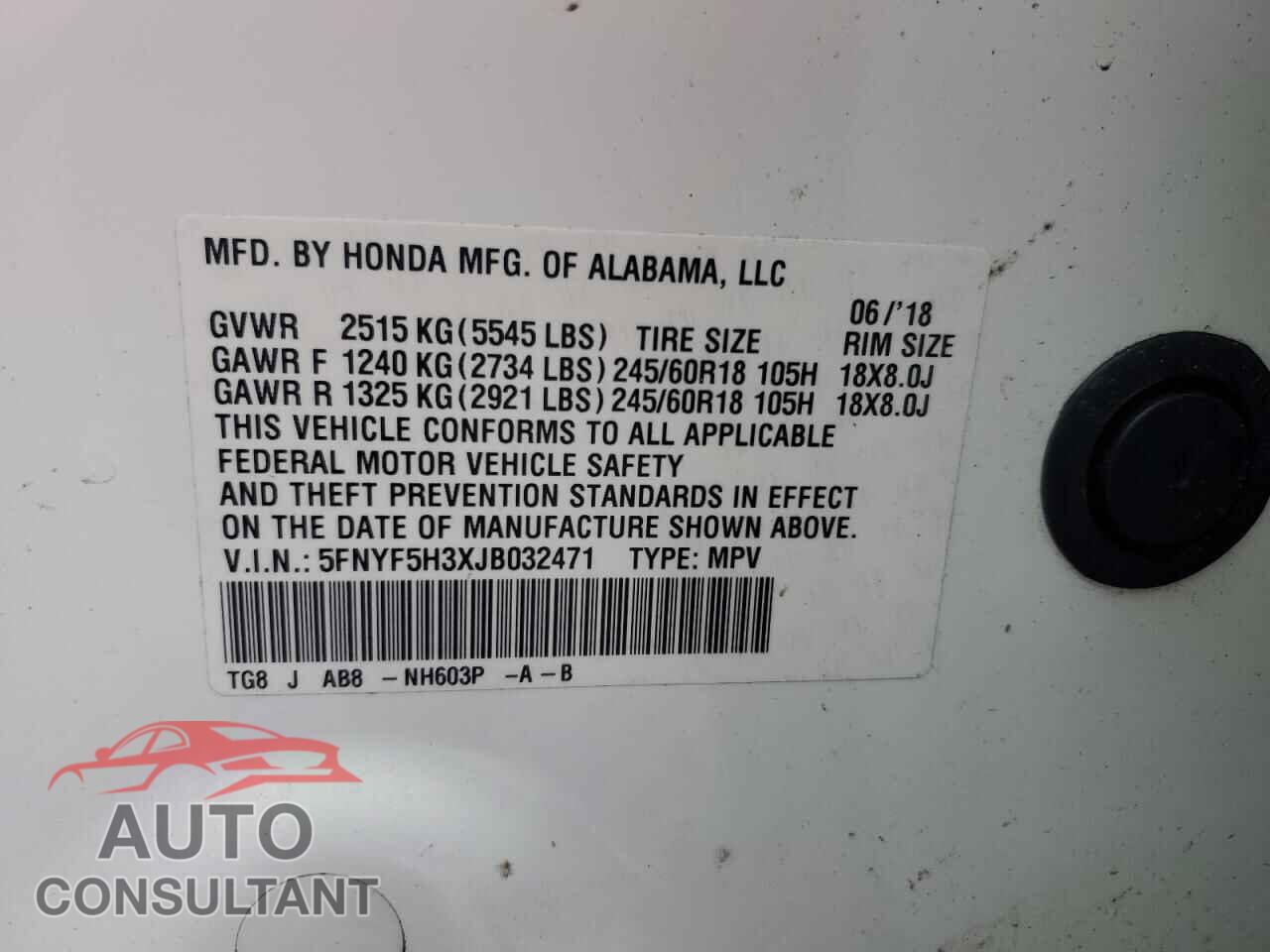 HONDA PILOT 2018 - 5FNYF5H3XJB032471