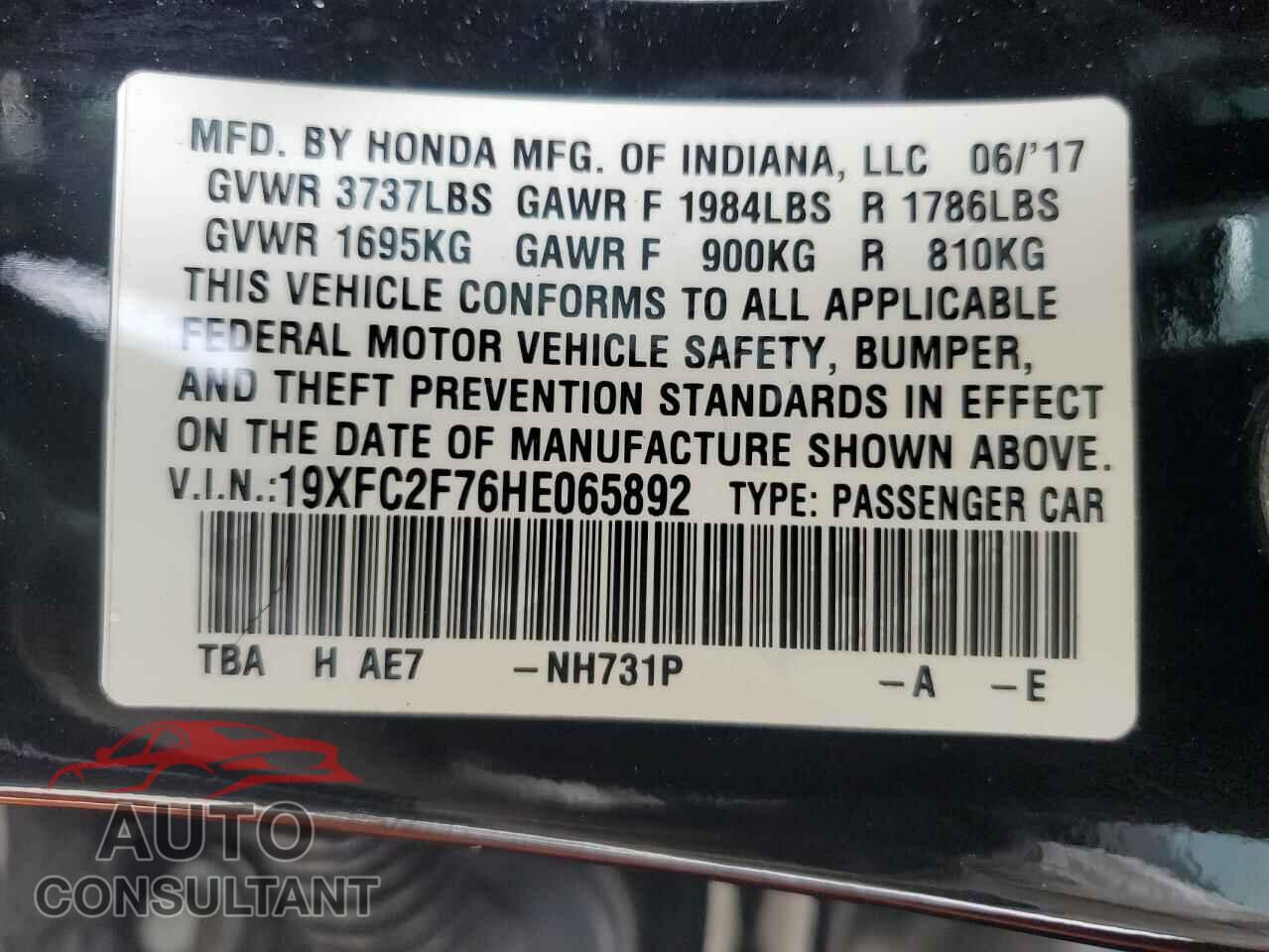 HONDA CIVIC 2017 - 19XFC2F76HE065892