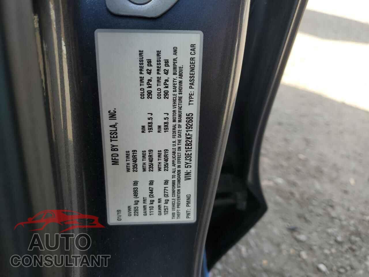 TESLA MODEL 3 2019 - 5YJ3E1EB2KF192685