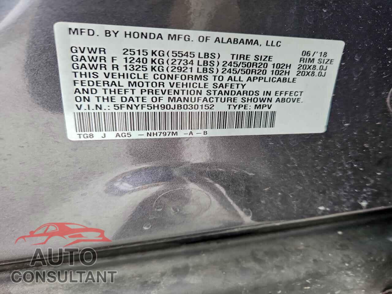 HONDA PILOT 2018 - 5FNYF5H90JB030152