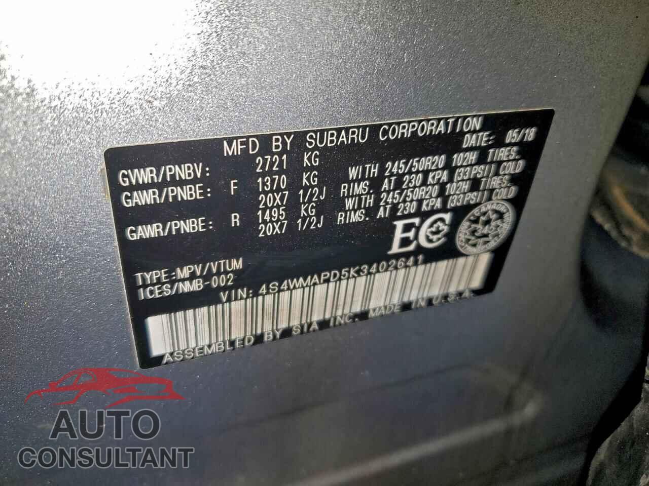 SUBARU ASCENT 2019 - 4S4WMAPD5K3402641