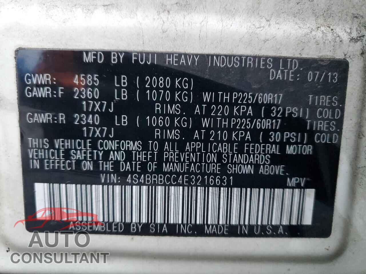 SUBARU LEGACY 2014 - 4S4BRBCC4E3216631