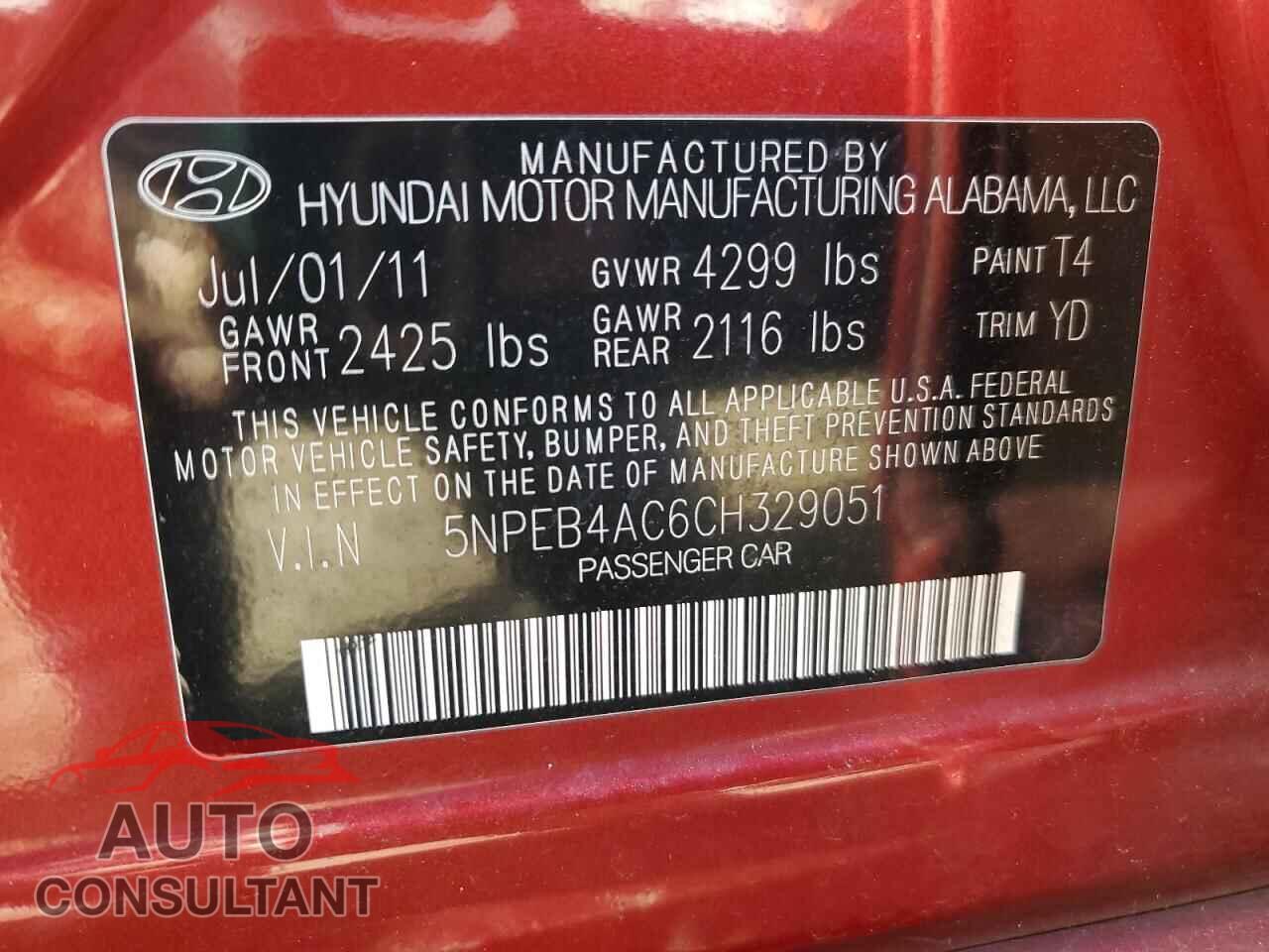 HYUNDAI SONATA 2012 - 5NPEB4AC6CH329051