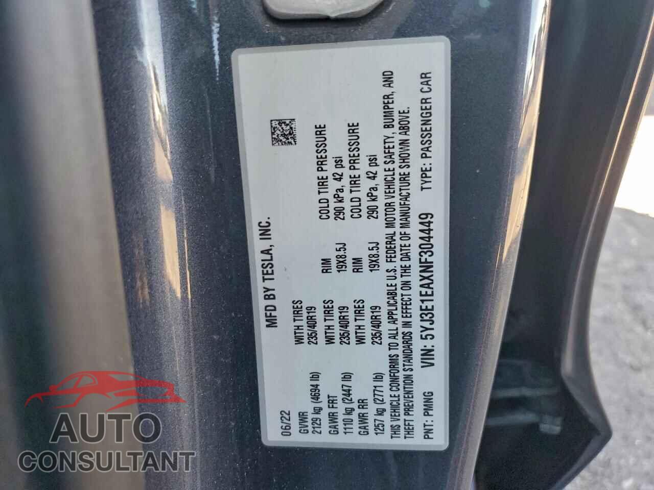 TESLA MODEL 3 2022 - 5YJ3E1EAXNF304449