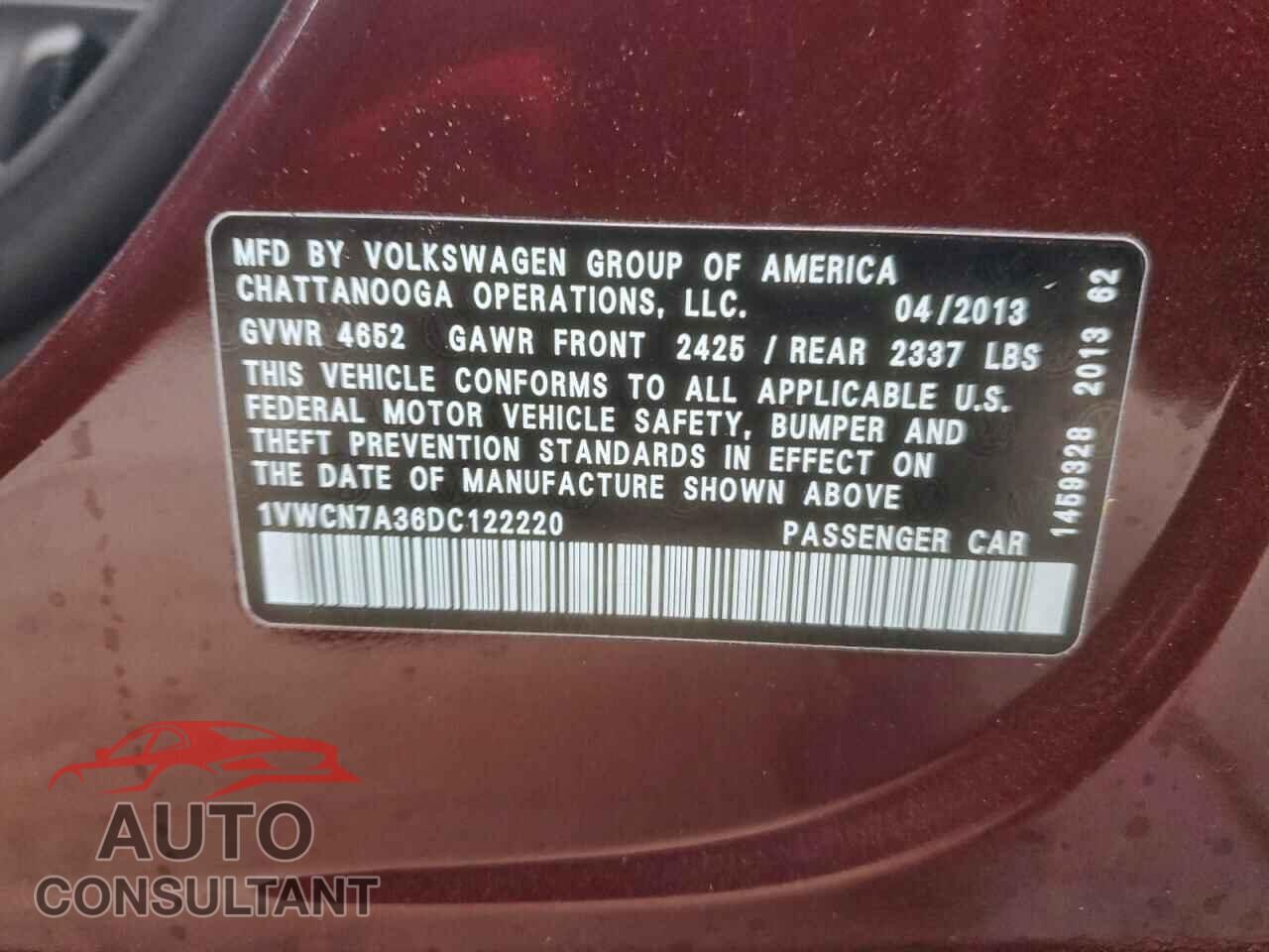 VOLKSWAGEN PASSAT 2013 - 1VWCN7A36DC122220