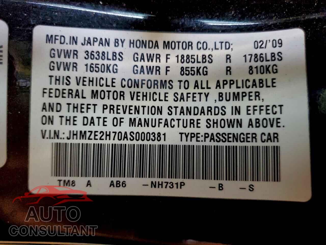 HONDA INSIGHT 2010 - JHMZE2H70AS000381
