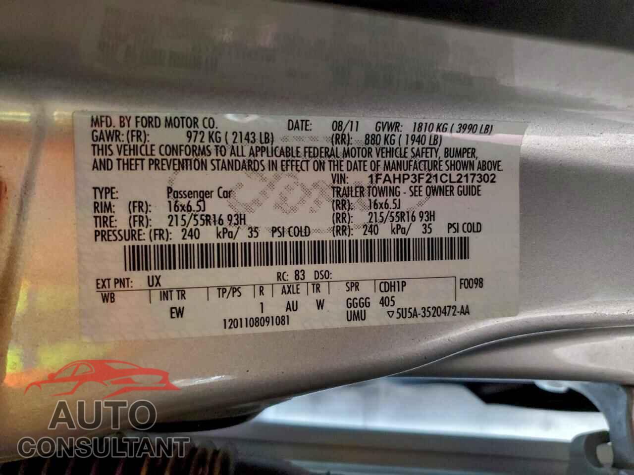 FORD FOCUS 2012 - 1FAHP3F21CL217302